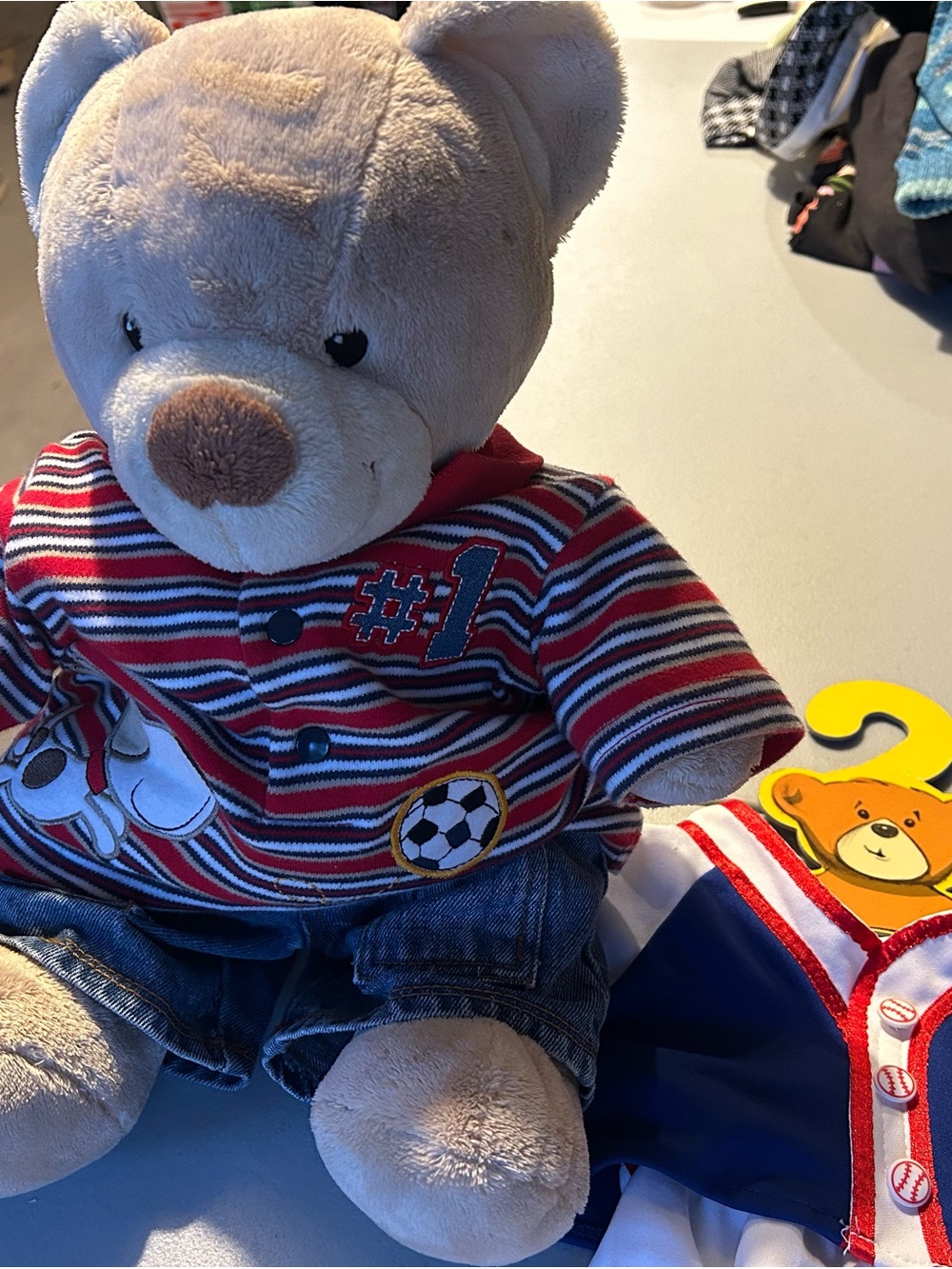 Vintage build a bear -Plush Beige Teddy Bear in Striped Red Outfit
